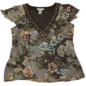 Vintage Nine West Silk Beaded Brown Floral V-Neck Lined Blouse Whimsical Sz 12